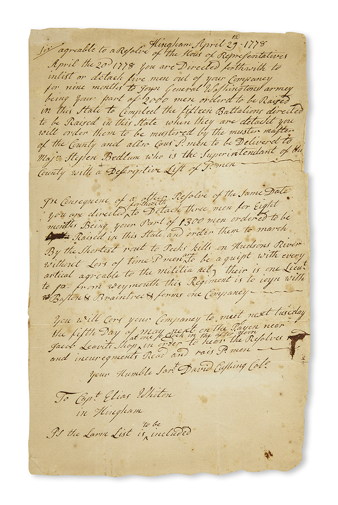 (AMERICAN REVOLUTION--1778.) Cushing, David. Order for militia troops to join Washington after the winter of Valley Forge.
